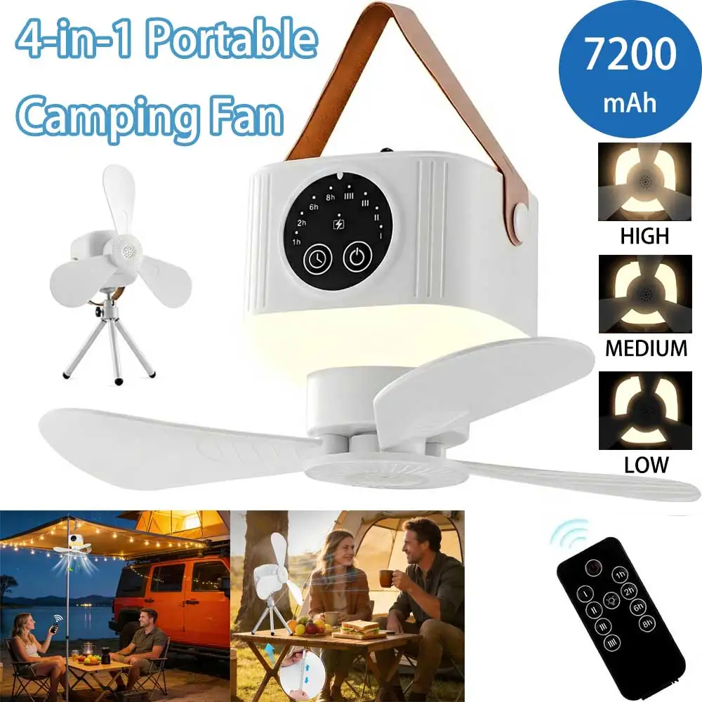 Ventiladores de Techo Silenciosos Portátiles para Camping - con Luz LED y Control Remoto, Ventilador de Escritorio Inalámbrico Recargable de 7200mAh con Control Remoto para Tiendas de Campaña y Autocaravanas