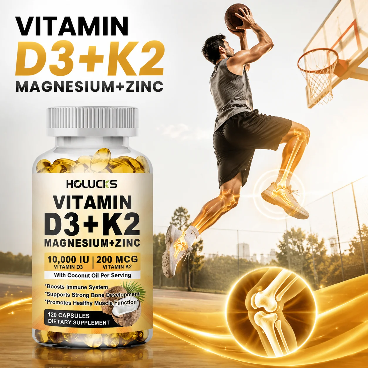 Vitamin D3+K2 Supplement, with Zinc, Magnesium, Supports Bone Density, Teeth, Cardiovascular & Heart Health, Sports Vitality