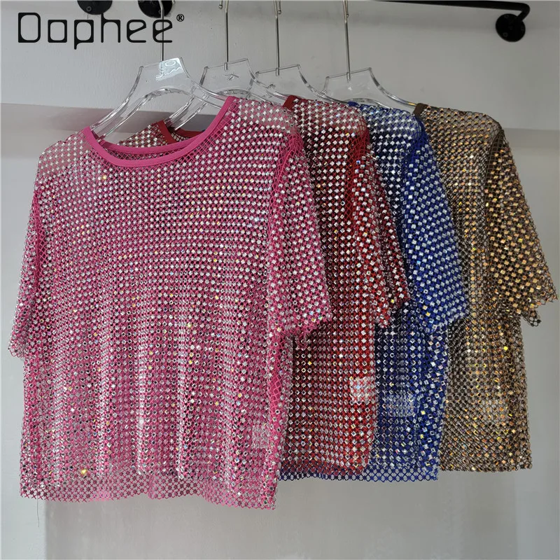 

2026 Summer New Heavy Industry Hot Diamond Round Neck Short Sleeve Top Blouse Hollow See-through T-shirt Women Clothing
