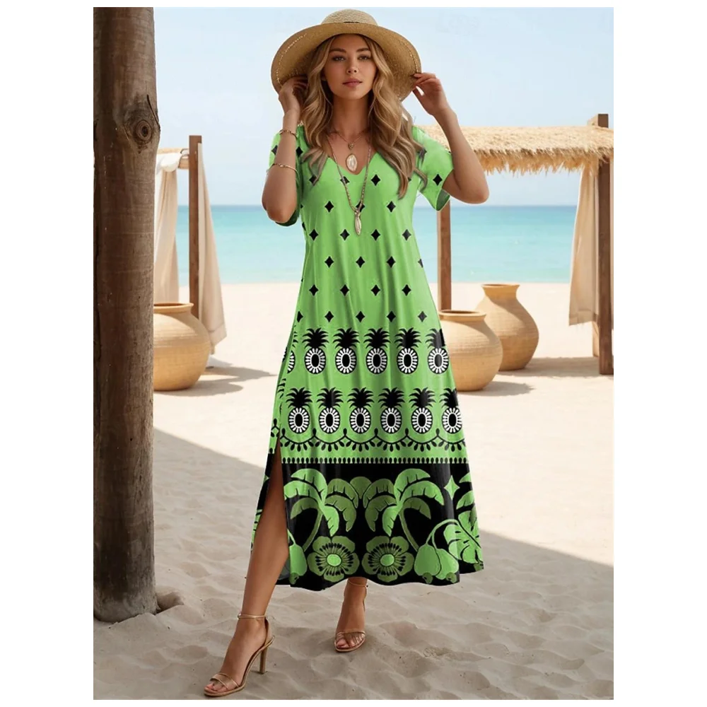 Folk Style Dresses For Women Fashion V-Neck Long Dress Short Sleeve A-Line Skirt Party Slit Dress Summer Holiday Woman Clothing