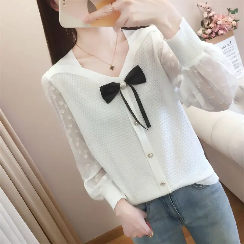 Sweet V-Neck Polka Dot Gauze Spliced Knitted Bow Blouses Women's Clothing 2024 Spring Summer New Loose Casual Tops Korean Shirts