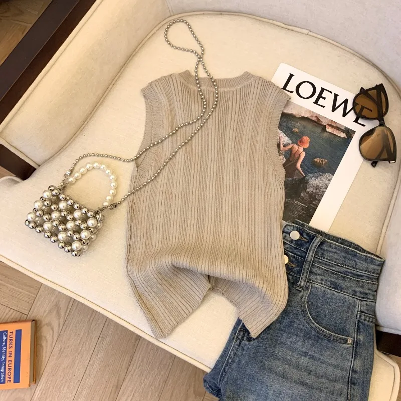 2024 Spring Summer Peals Beaded Ice Silk Knitted Vest Fashion Women Korean Slim Sleeveless O-neck Sweater Vests Female Tank Tops