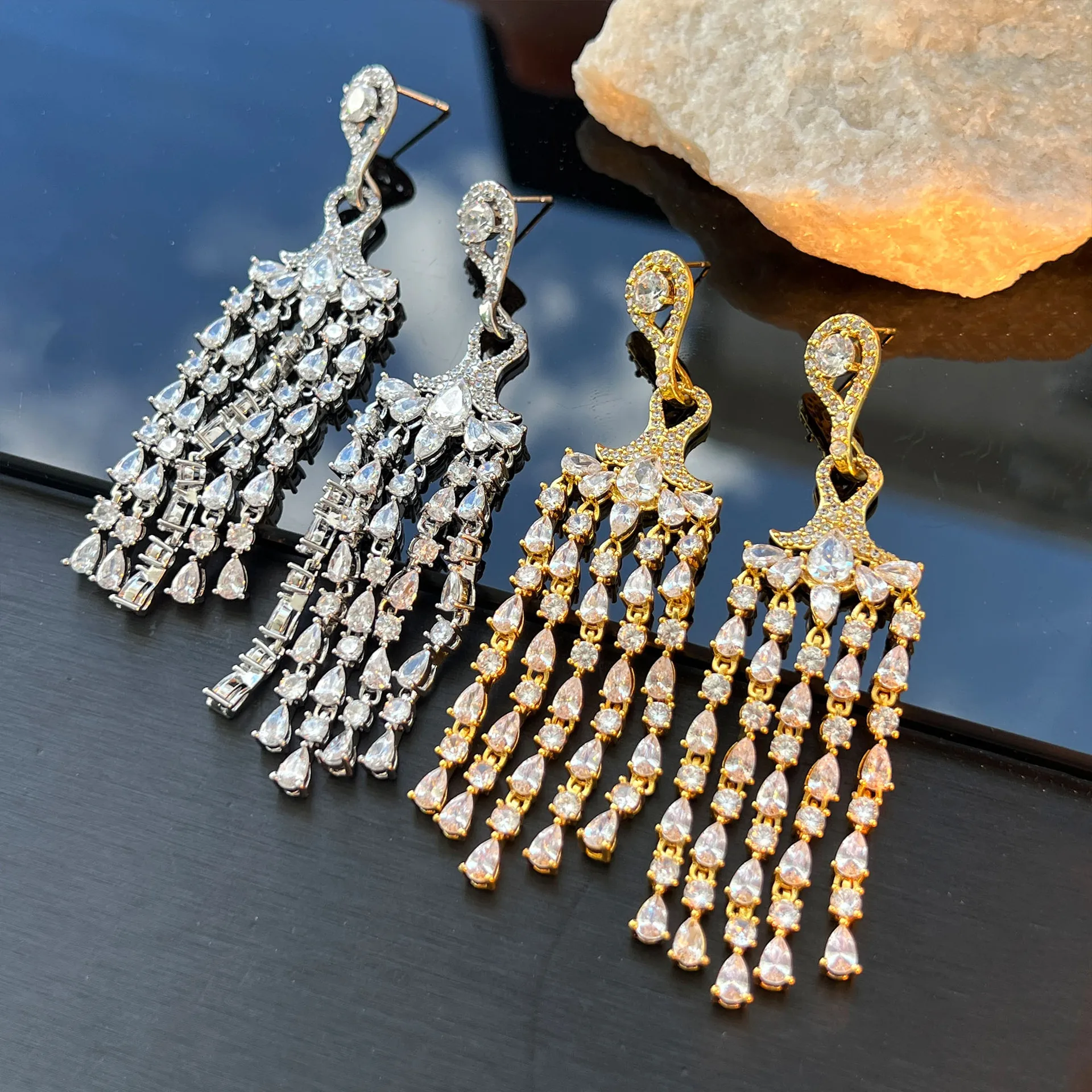 Light‑Luxury Heavy‑Craft Paved Zircon Water‑Drop Long Tassel Drop Earrings, Exquisite Grand Retro Women Party Jewelry Earring Gi