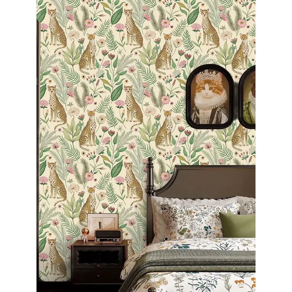 ورق جدران مطبوع عليه زهور وفهد قابل للإزالة، تصميم ليوبارد الغابة الاستوائية لديكور غرفة النوم