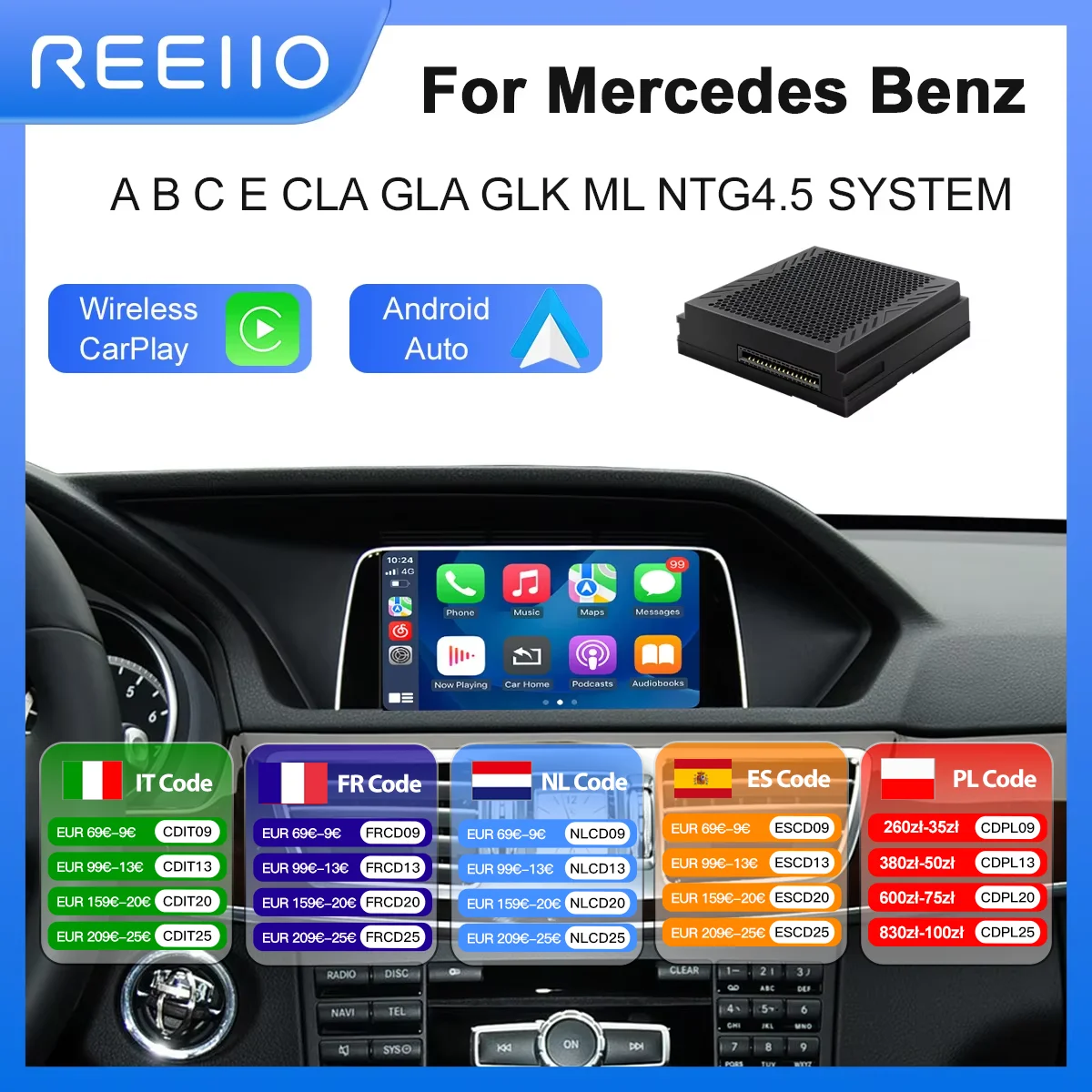 CarPlay sans fil pour Mercedes-Benz A, B, C, E, CLA, GLA, GLK, ML, Sprinter, NTG4.5, Becker W204, W177 Navigation Android AirPlay Prise en charge de la caméra de recul, Plug and Play