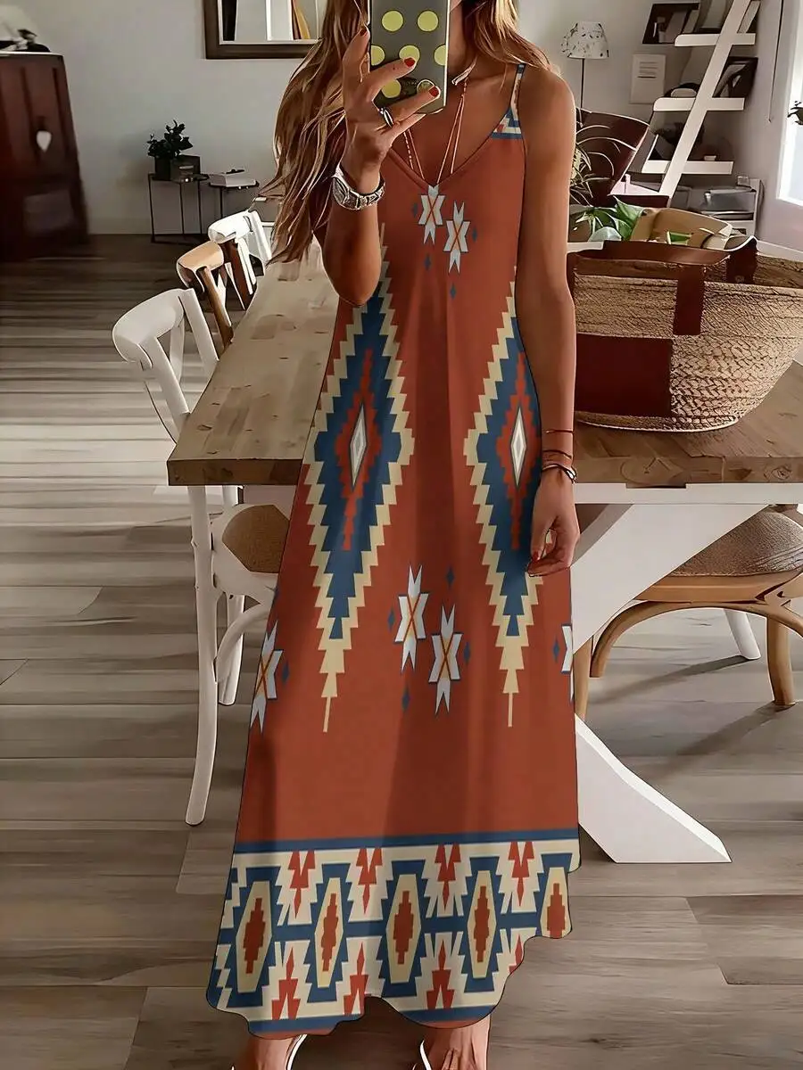 

Women V-Neck Spaghetti Strap Maxi Dress Geometric Print Casual Knit Dress