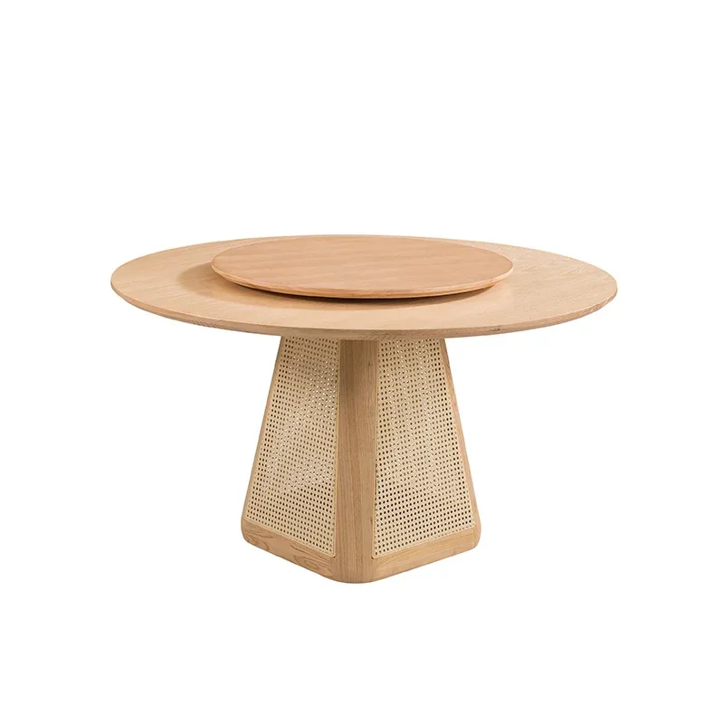 Nordic wood color round dining table and chair combination Hotel B&B with turntable solid wood dining table rock board