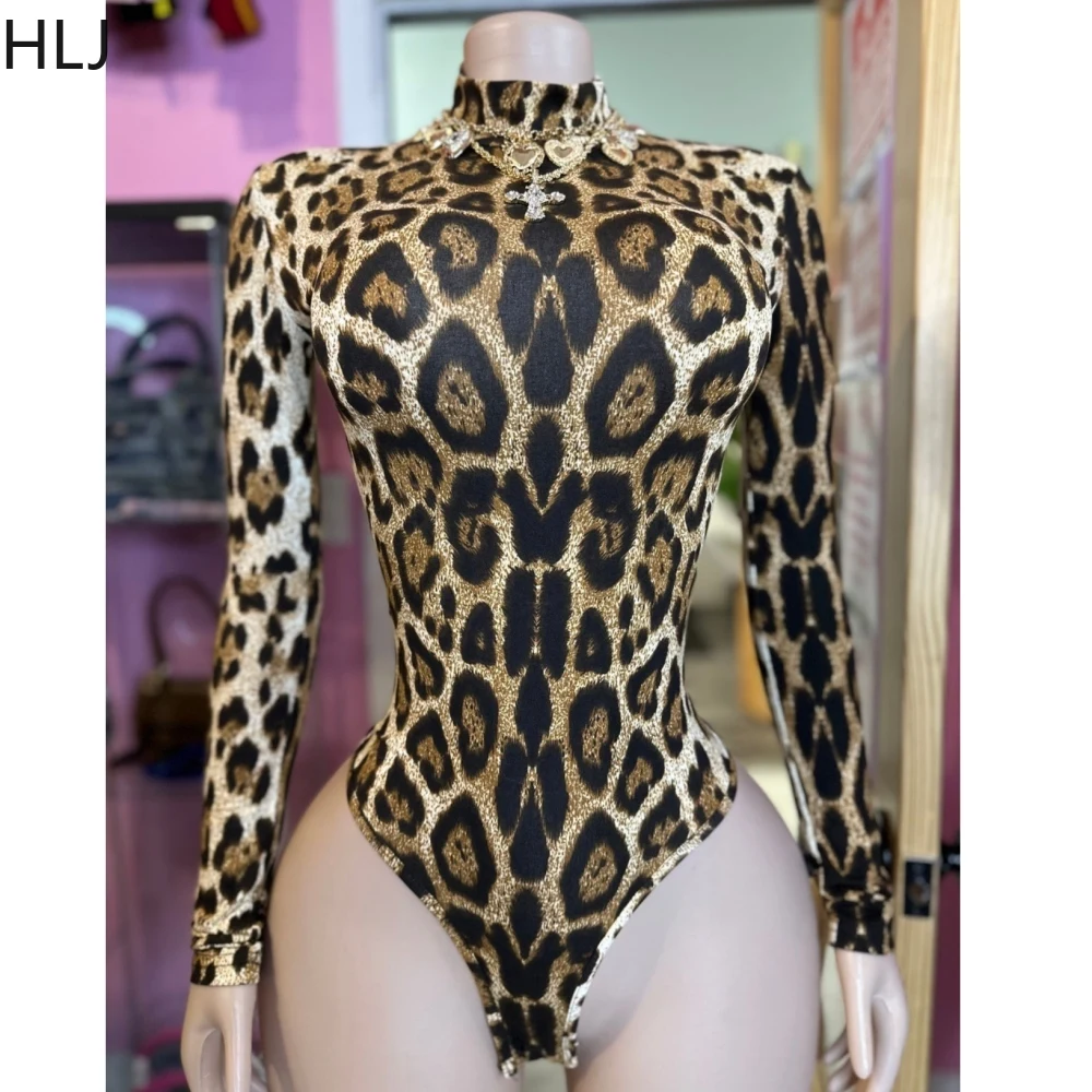 

HLJ Sexy Leopard Print Bodycon Bodysuits Women Turtleneck Long Sleeve Slim Romper Spring New Fashion One Piece Jumpsuit Clubwear