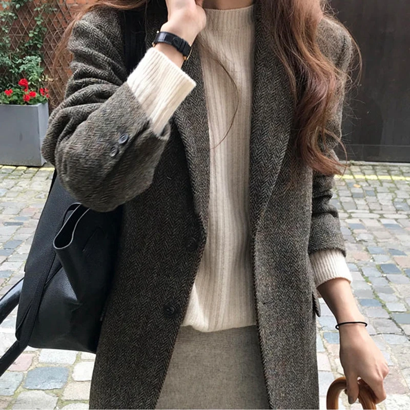 Classic 2026 New Women's Loose Tweed Suit Jacket Korean Style Plaid Retro British Style Long Sleeve Button up Polyester Fiber