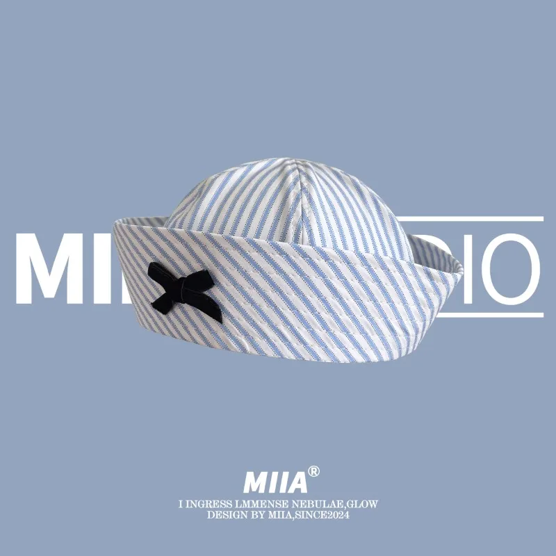 Japanese Sweet Striped Bow Decoration Jk Sailor Hat Spring and Summer Cute Flanged Versatile Dome Beret Cap Casquette Femme