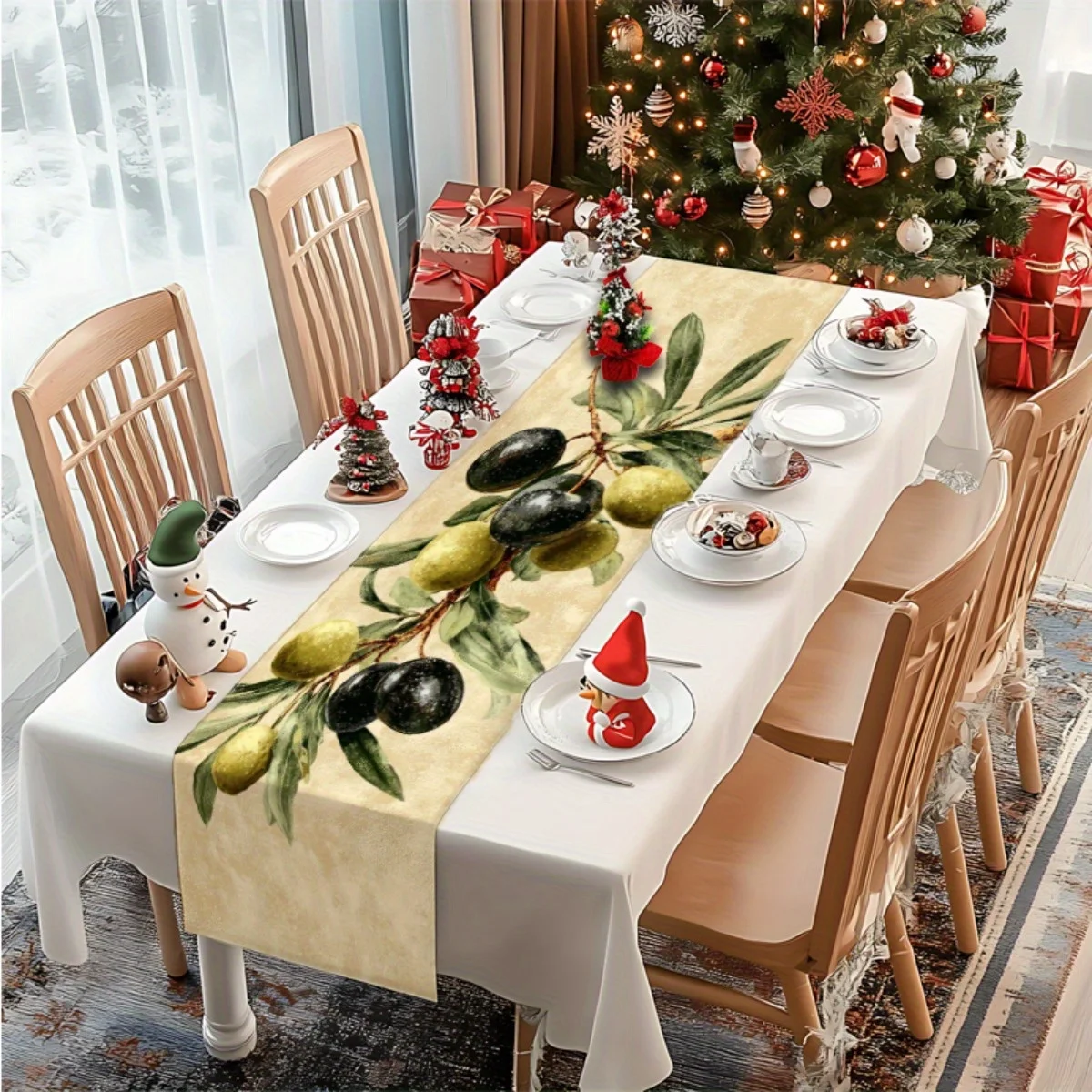 Vintage Olive Leaf Beige Green Berries Table Runner Rustic Decorative Cloth for Dining Office Living Room Coffee Table Decor