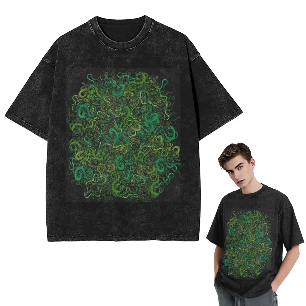 

Streetwear T-Shirts A Lair Of Snakes - Green Washed T Shirt Short Sleeve Hip Hop T-Shirt Tops Tees for Men Women
