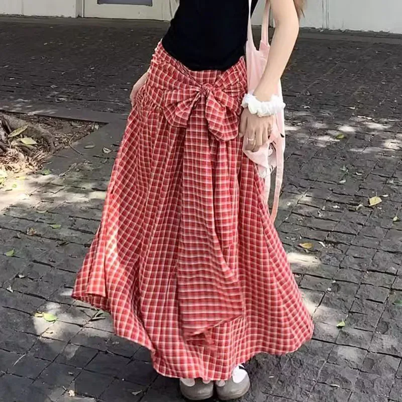 Retro Rot Plaid Print Röcke für Frauen Hohe Taille Bogen Strap Röcke Mode Sommer frauen Kleidung Weibliche Lange Röcke Streetwear