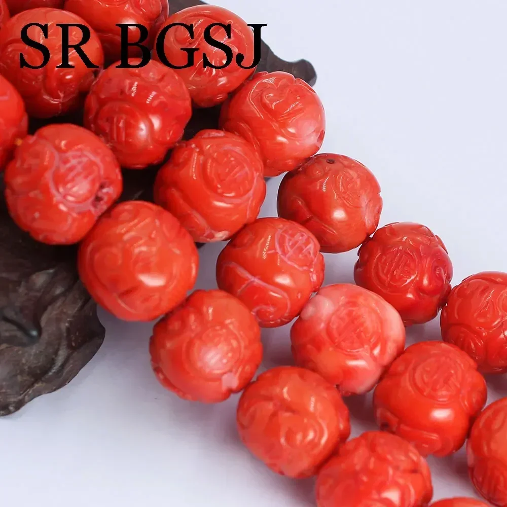 20mm Big Carved Lucky Natural Orange Sea Bamboo Coral Gem Round Loose Beads for Jewelry Making Bracelet Necklace Handmade