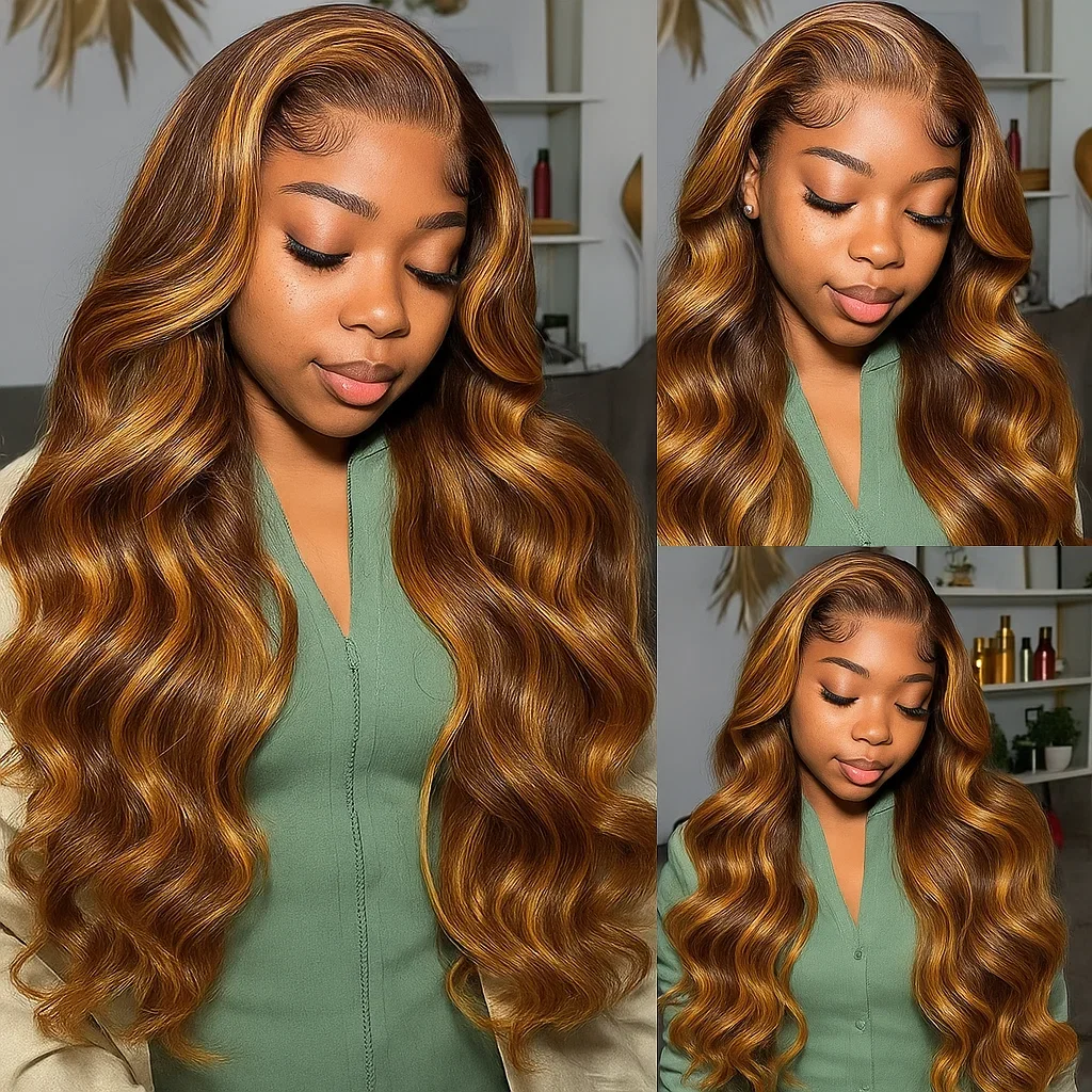 30 بوصة العسل شقراء أومبير الدانتيل شعر مستعار أمامي شعر الإنسان 13x4 HD الدانتيل الباروكة الأمامية 4/27 تسليط الضوء على الجسم موجة الباروكات قبل قطعها #3