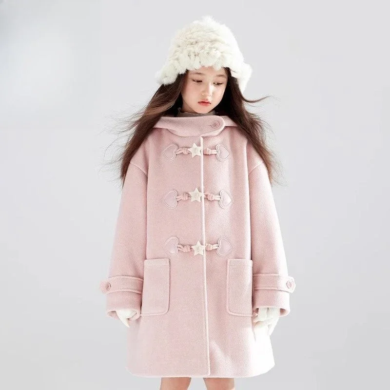 2025 New Winter Coat Peach Pink Wool Hooded Coat with Five Pointed Star Goat Horn Buttons Padded Insulation Off Season Sale