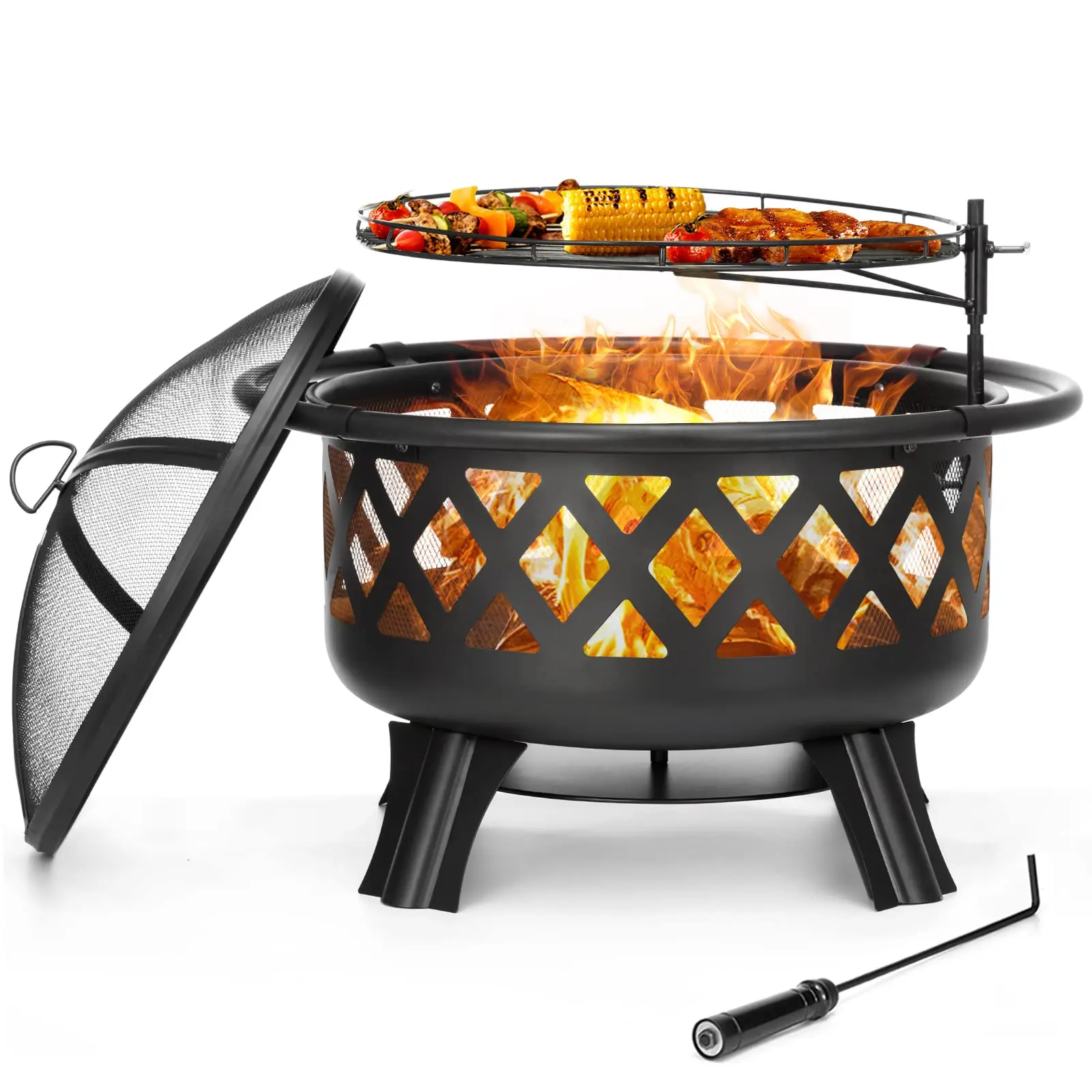 30 inch Fire Pits with Swivel BBQ Grill Outdoor Wood Burning Firepits Large Steel Firepit Bowl for Patio Backyard Garden Picnic