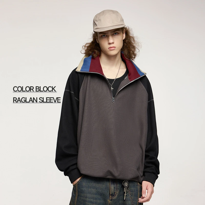 INS Men's Retro Rainbow Stand Collar Threaded Fleece Half Zip Hoodie 2024 Autumn/winter Trendy Brand Wheat Ear Cotton Fleece