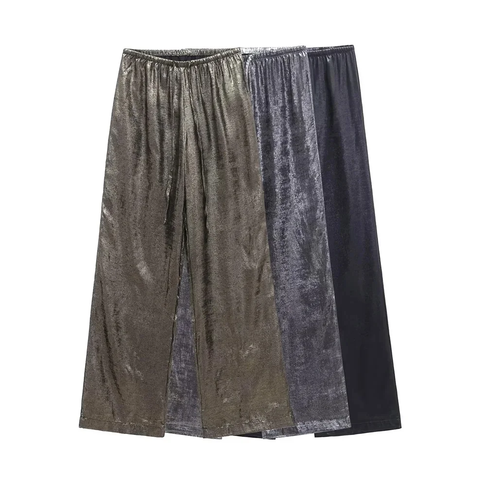 2025 TRAF Spring New Women's Casual Loose High Waist Pull Back Elastic Metal Foil Straight Leg Pants