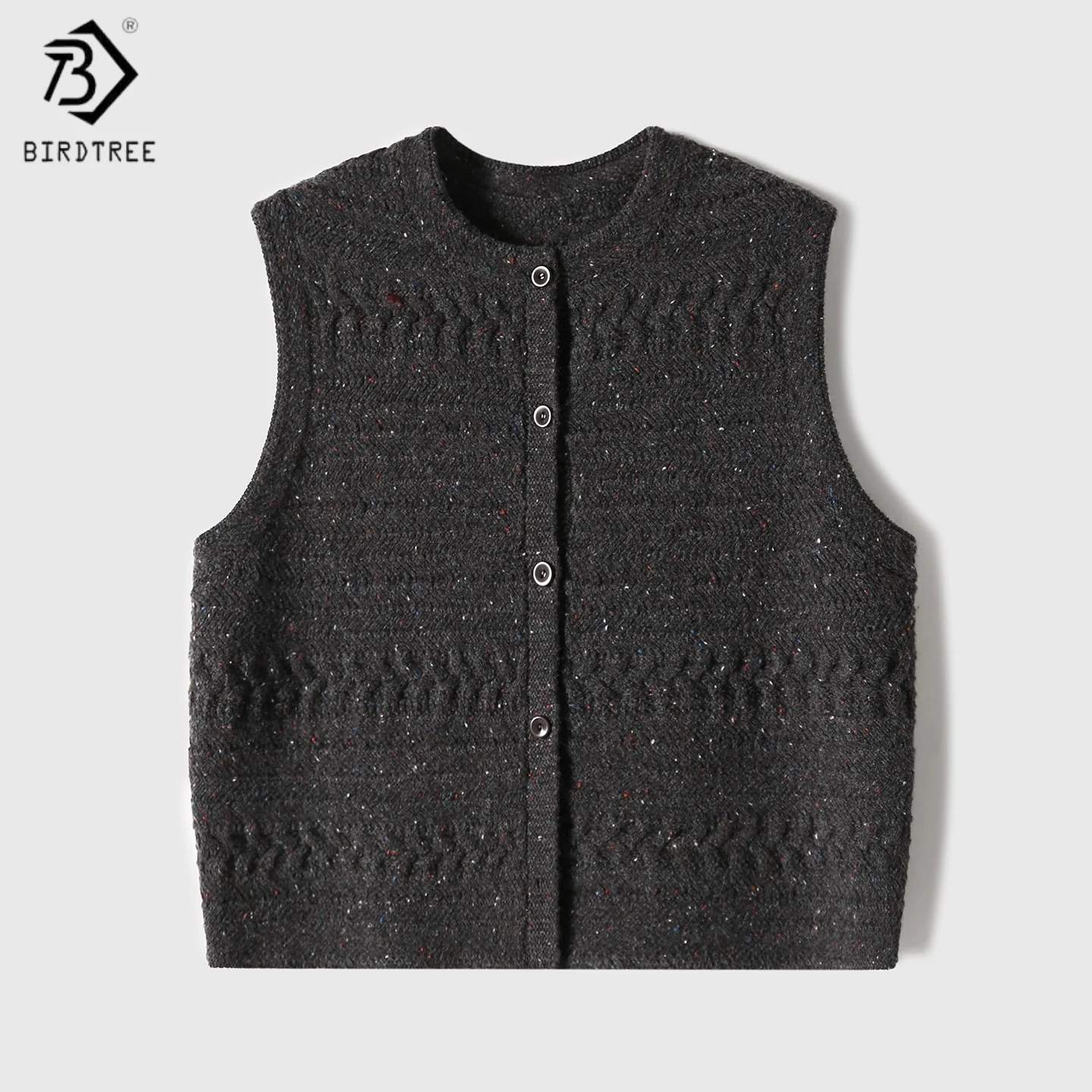 

Birdtree, 90% овечья шерсть, 10% кашемировый жилет, женский вязаный свитер с круглым вырезом, однобортный, осенне-зимний жилет 2025 T5N720JF