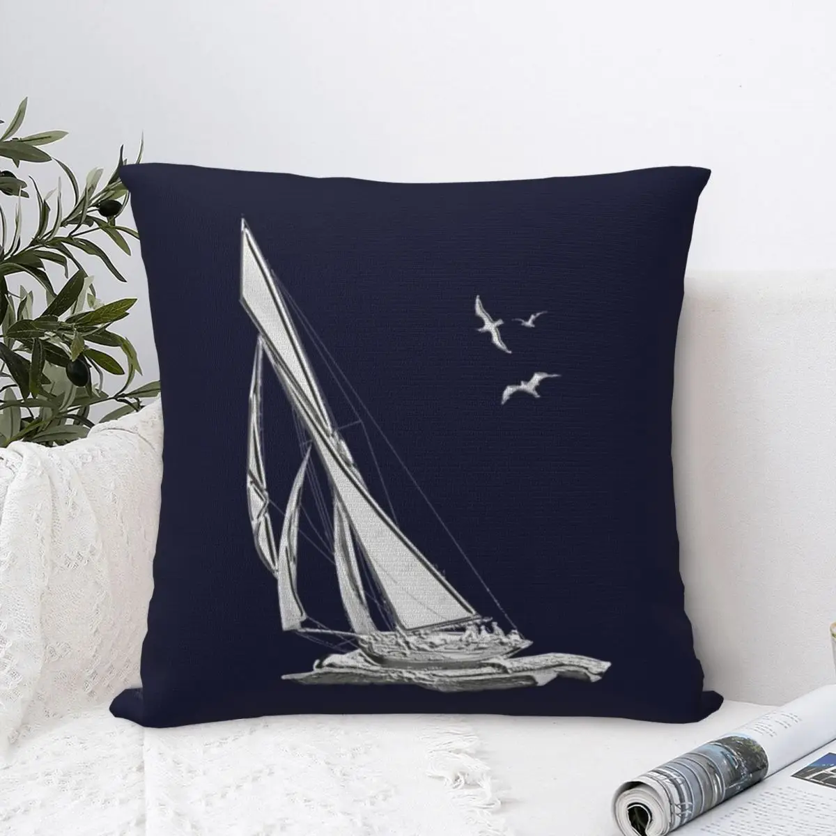 Chrome Style Nautical Sail Boat Applique 1 Square Pillowcase Polyester Pillow Cover Velvet Cushion Decor Comfort Throw Pillow