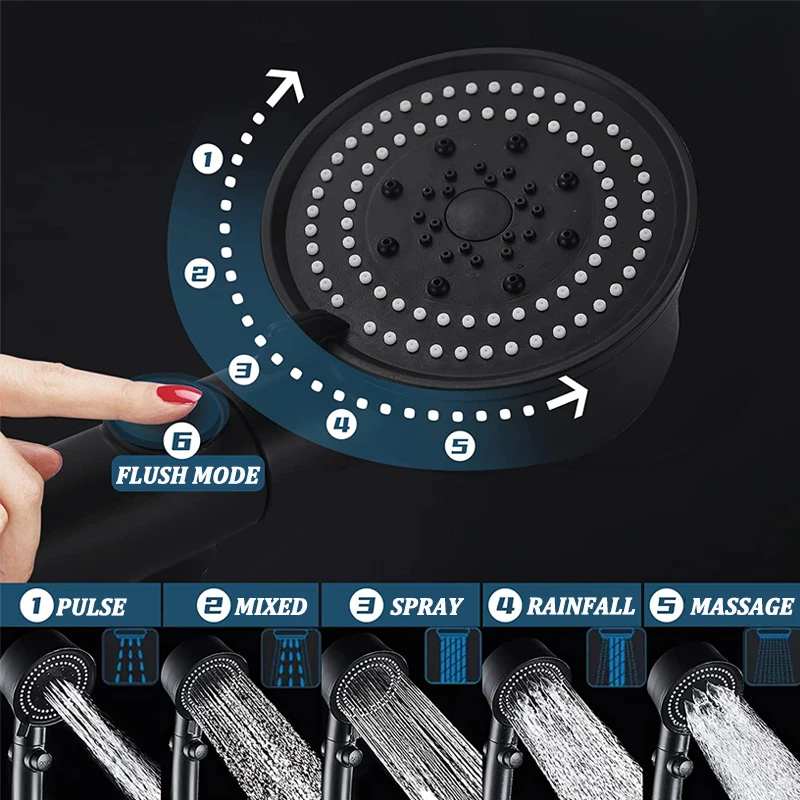 5 โหมดปรับ Turbocharged หัวฝักบัวน้ําแรงดันสูงห้องน้ําหัวฉีดสเปรย์ One-Key หยุดน้ําหัวฝักบัว