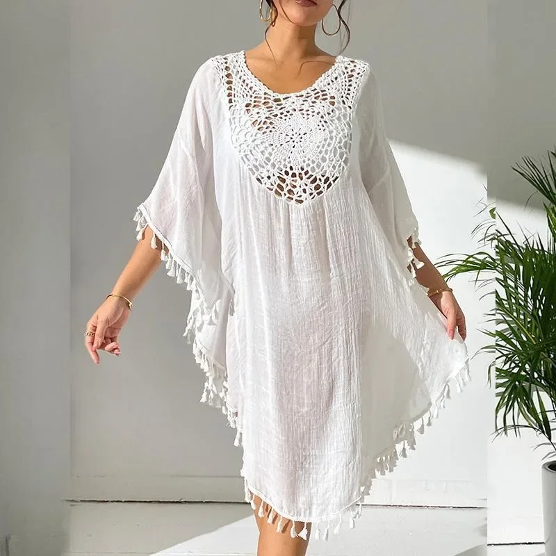 Wehello-Lente Nieuwe Bamboe Gewricht Stof Hand Haak Strand Cover Up Sexy Losse Vakantie Zonwering Shirt Bikini Cover Up