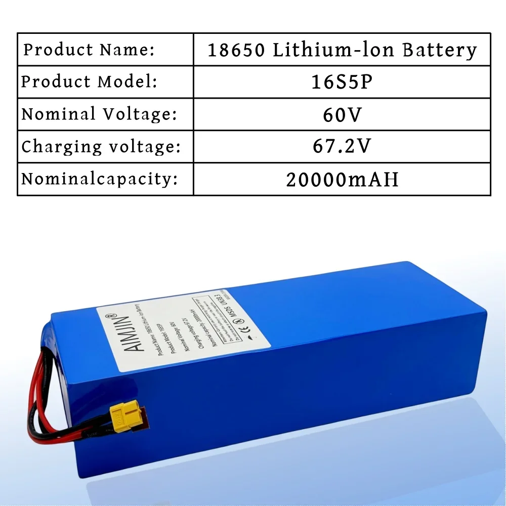 60V Battery 20000mAH 16S5P Lithium Battery Pack With BMS With BMS for Motorcycle, Scooter, Bicycle 2000W Motor