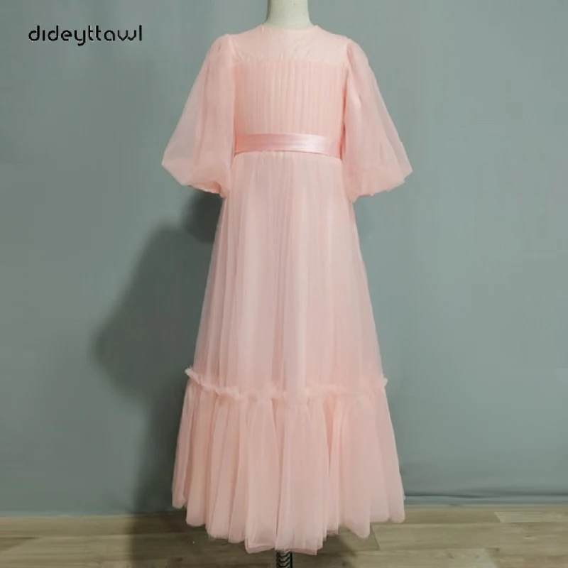 Dideyttawl Customized Tulle Short Puff Sleeves Flower Girl Dress Ruffles Pleated Floor Length Sashes Junior Concert Gown