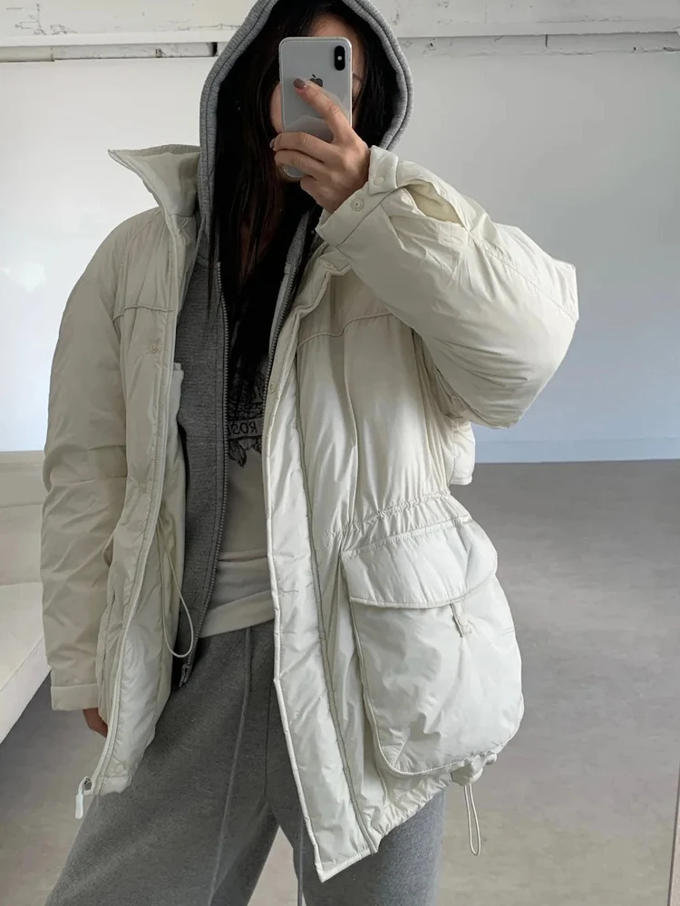 سترة منتفخة بغطاء للرأس كبيرة الحجم للنساء من Warmth بياقة واقفة مع أغطية كبيرة كاجوال Sle Thiened Duc...