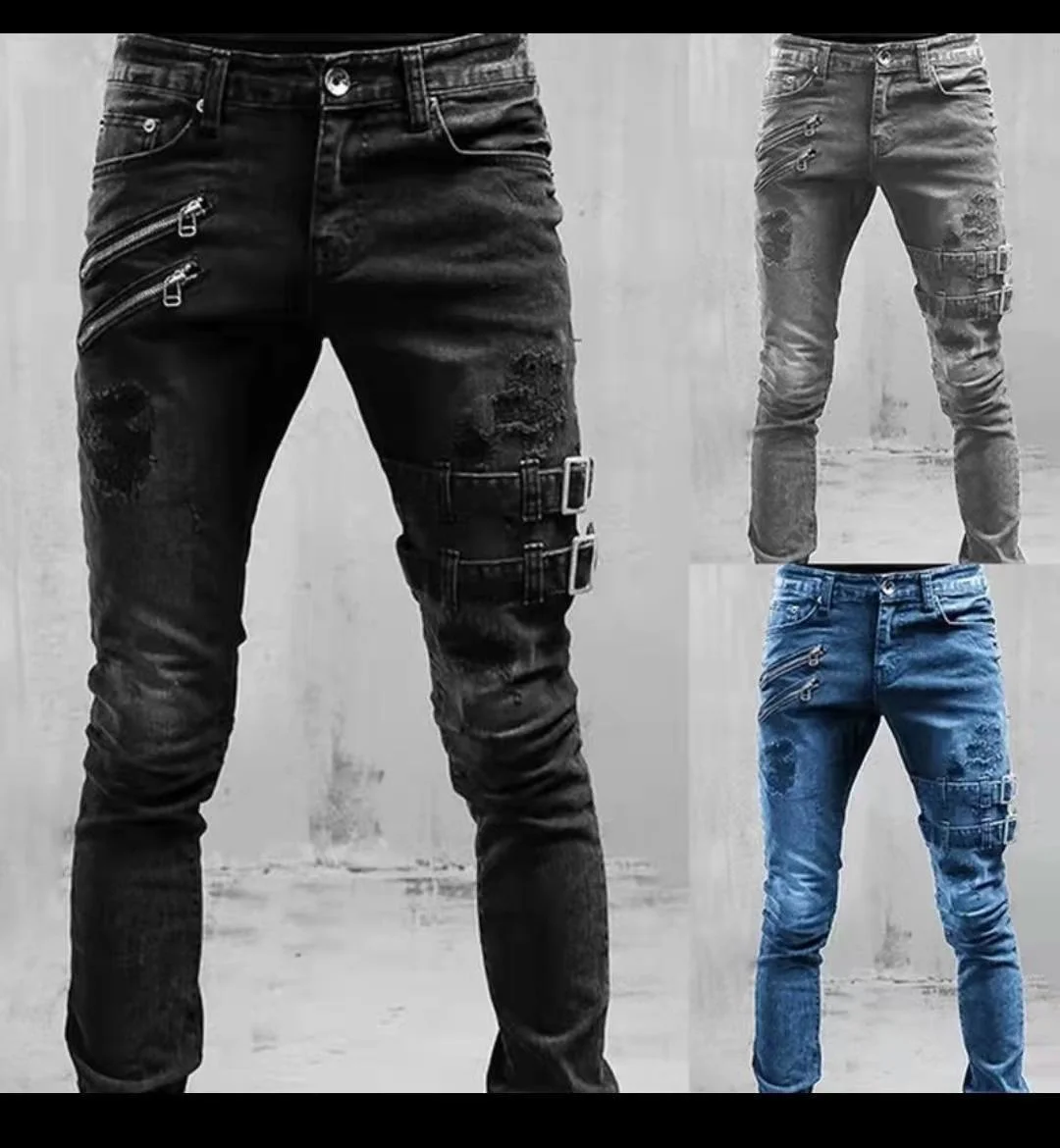 

Men's Zipper Decoration Motorcycle Loose Baggy Jeans Hiphop Fashion Washed Streetwear Denim Pants For Men