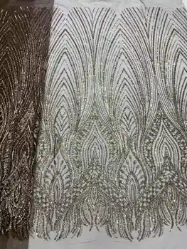 棕色非洲串珠蕾絲布料 2025 高品質新郎尼日利亞婚禮新娘亮片刺繡法式禮服縫紉 6 最佳銷售 棕色蕾絲布料 - №2