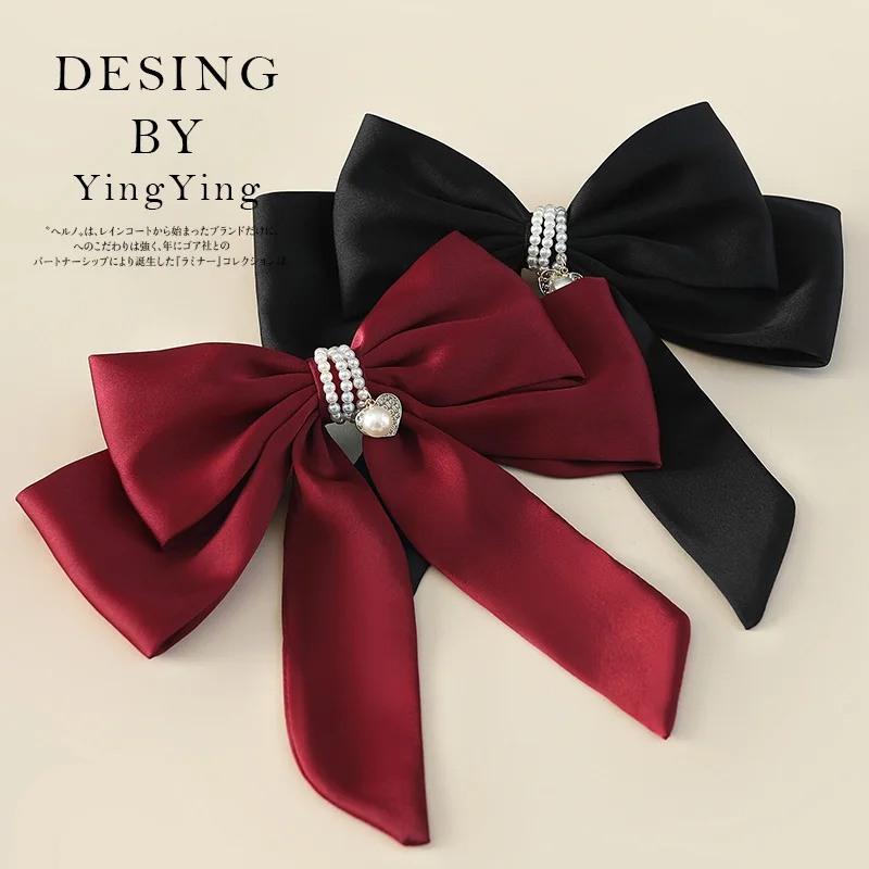 Large Bowknot Red Black French Hairclip Accessories Headwear Spring Satin Velvet Princess Hairpins Headdress  Rhinestone Heart