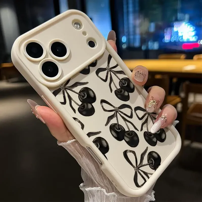 Shockproof Silicone-TPU Bumper Cover with Cherry Bows, Drop Protection Case for iPhone 17 Pro Max, 17 Air, 16, 15, 14, 13, 12, 11 | Mobile Phone Accessory | QXB361