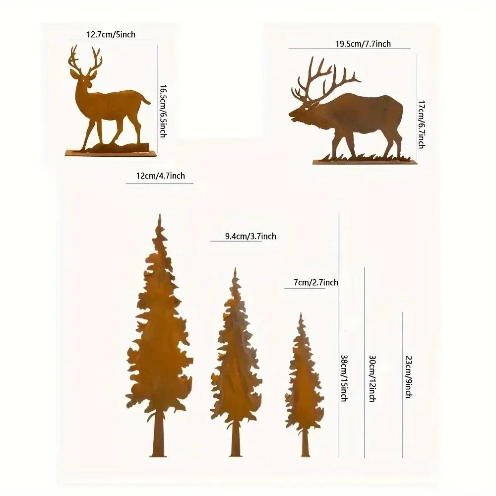 Delightful Rustic Metal Spruce Tree and Elk Ornaments – Pleasing Hunting Decor for Christmas and New Year. Cheerful Gifts