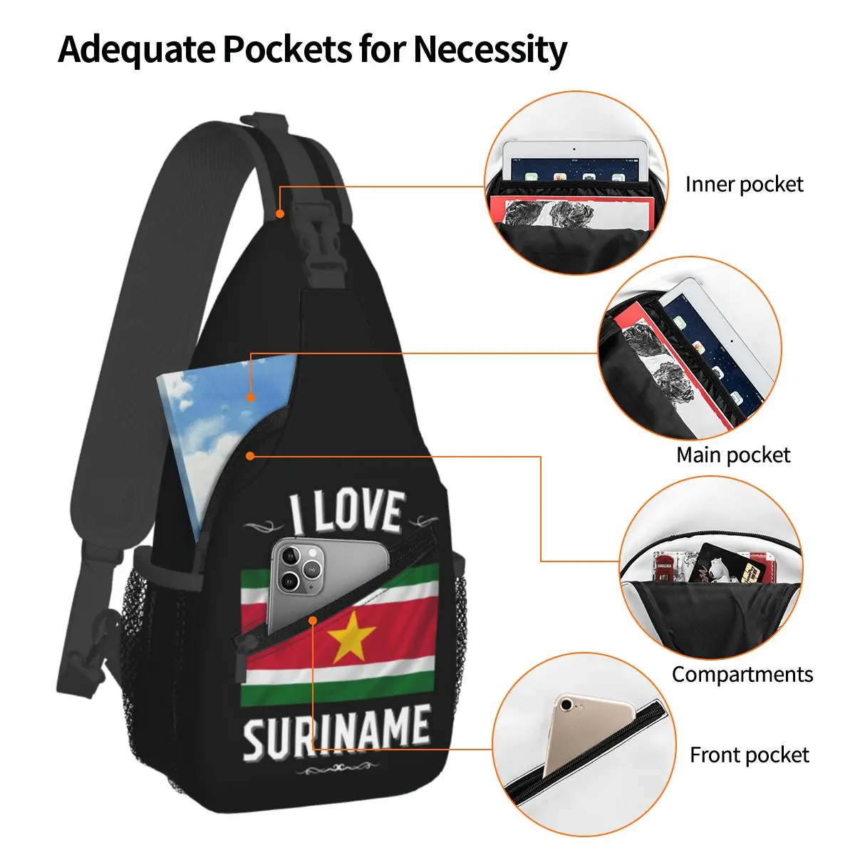 I Love Suriname Curving Surinamese Flag Chest Bag Men Sling Crossbody Backpack Chest Bag Traveling Hiking Daypack Shoulder Bag