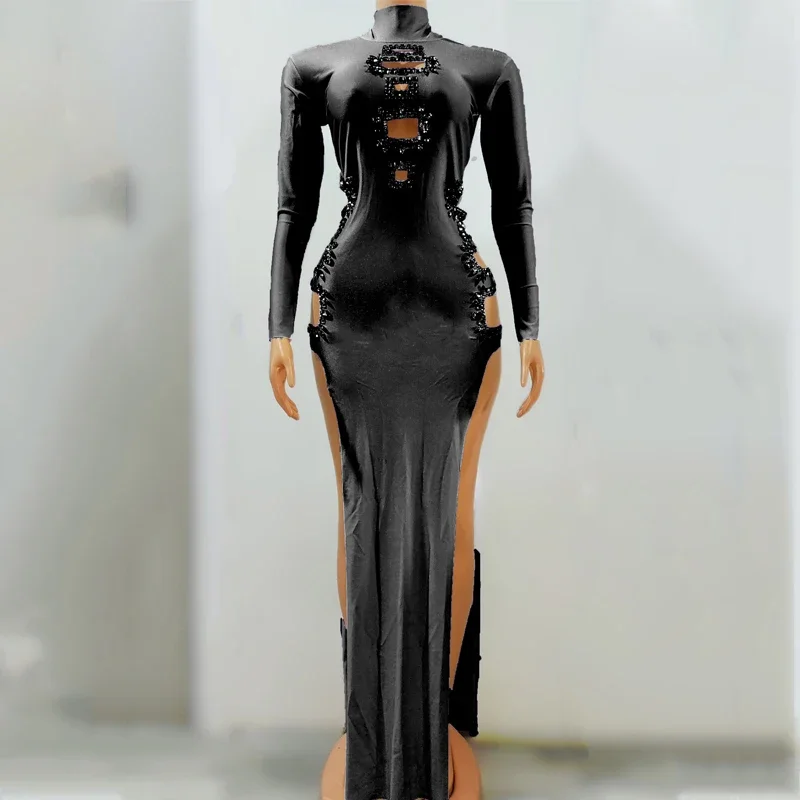 7 farben Lange Ärmel Strass Schlitz Kleid Frauen Ausschnitt Party Tanz Kleid Feiern Kostüm Bühne Festival Outfit XS6444