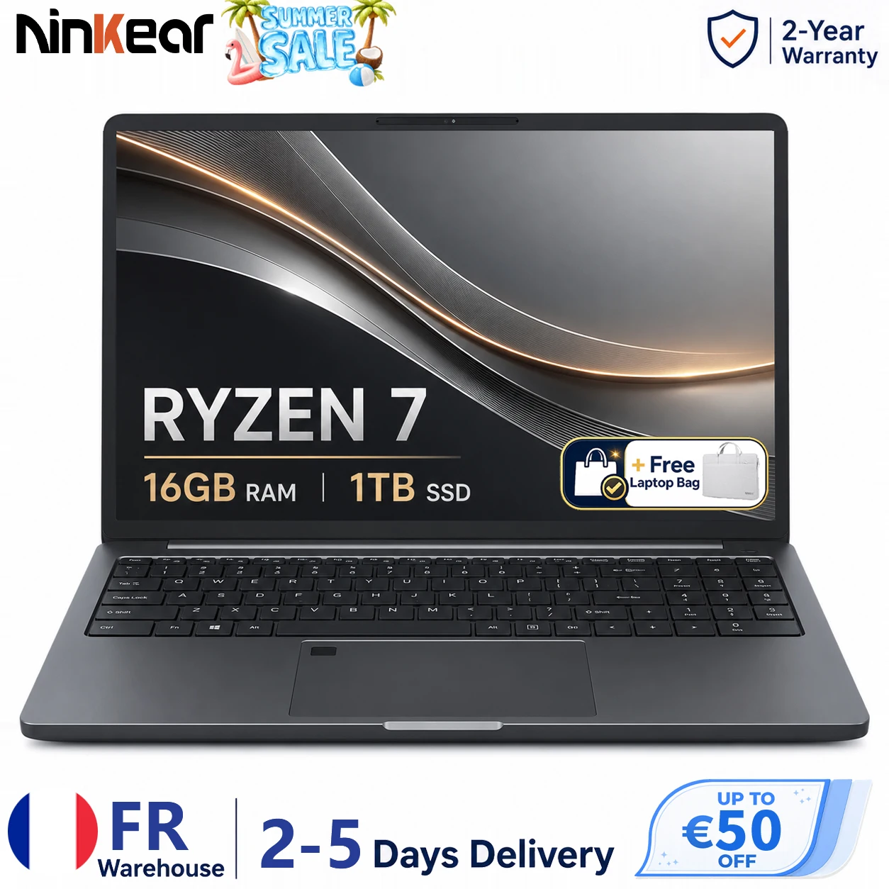 Ninkear A15 Plus PC Portable 15,6 Pouces FHD IPS AMD Ryzen 7 5825U 16Go RAM 1To SSD Châssis Métal Déverrouillage Empreinte Clavier Rétroéclairé WiFi 6 USB-C PD Charge Rapide 65W Windows 11 Prise EU