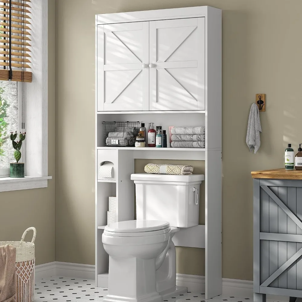 

Above The Toilet Storage Cabinet with Barn Door, There Is A 32.3-inch Wide Independent Toilet Storage Rack That Can Be Adjusted