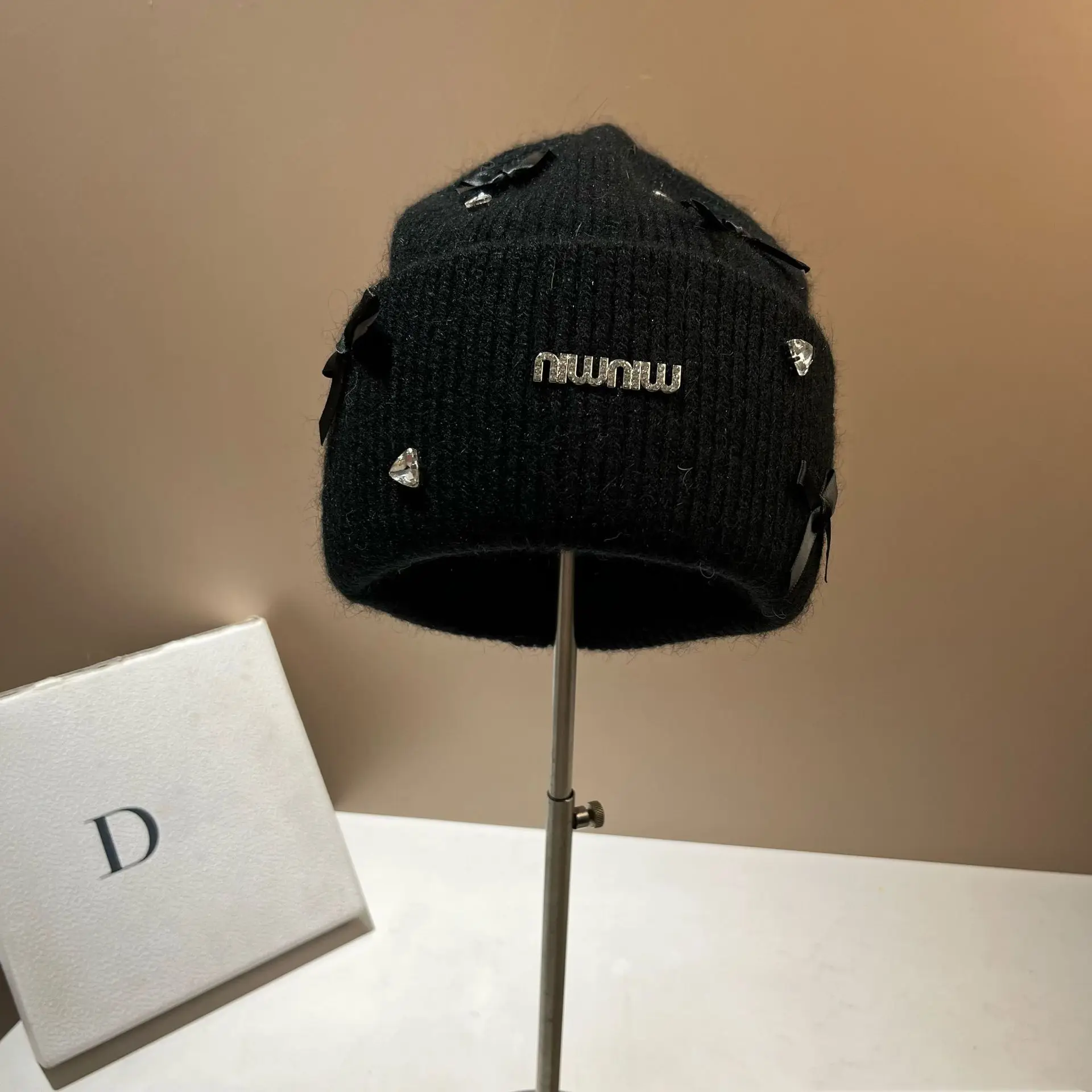 

Winter Faux Fur Beanie for Women Warm Rabbit Hair Knitted Cap with Rhinestone Bow Luxury Detail Ear Flap Cold Weather