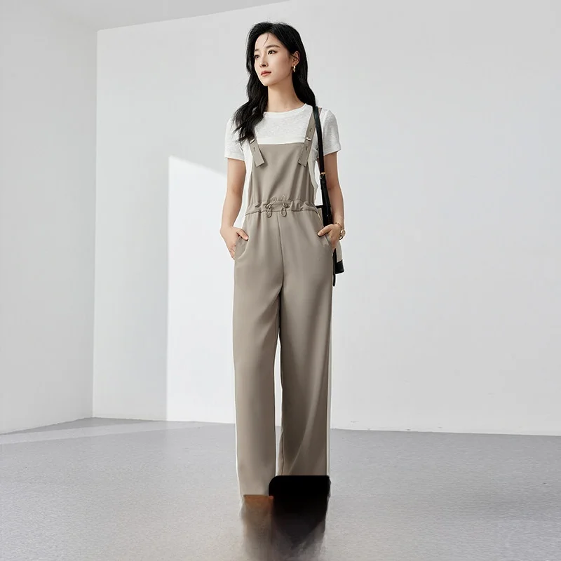

Summer 2026 Women's Elastic Waist Band Loose Casual Faionable One-Piece Rer with Straps High Waist Straight Leg Pants