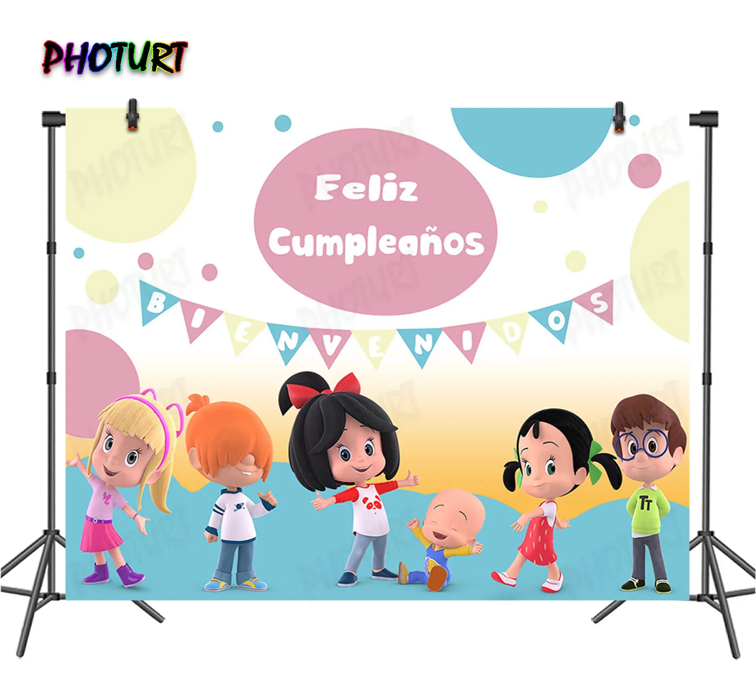 PHOTURT Cleo and Cuquin Birthday Party Backdrop Cartoon Photography Background Blue Vinyl Photo Banner For Decorate Props