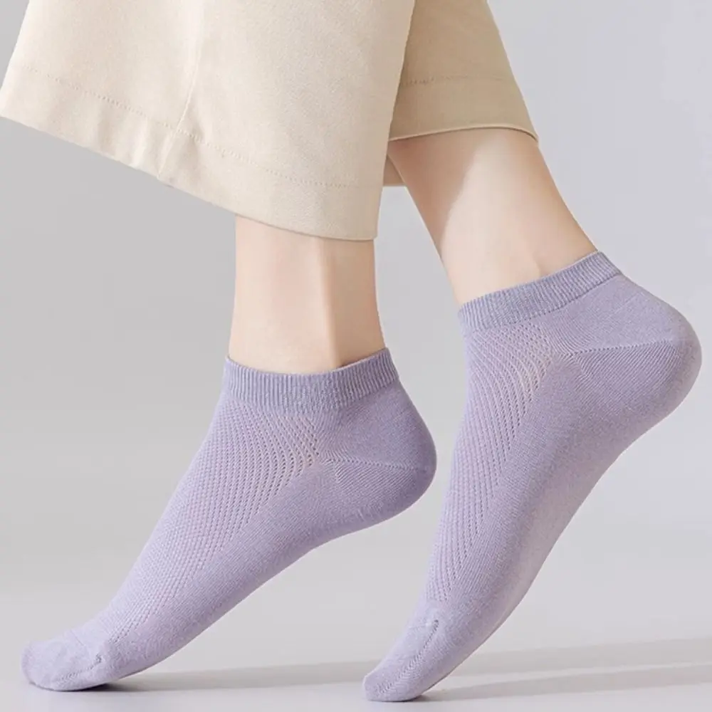

5Pairs Solid Color Women Boat Socks Sweat Absorption Anti Slip Cotton Mesh Socks Hosiery Breathable Ankle Thin Socks Daily