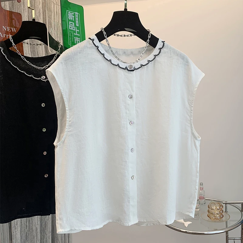 

Sleeveless Crew Neck Shirt Women's Summer Pure Cotton Linen Thin Vest Tops Blouse Loose