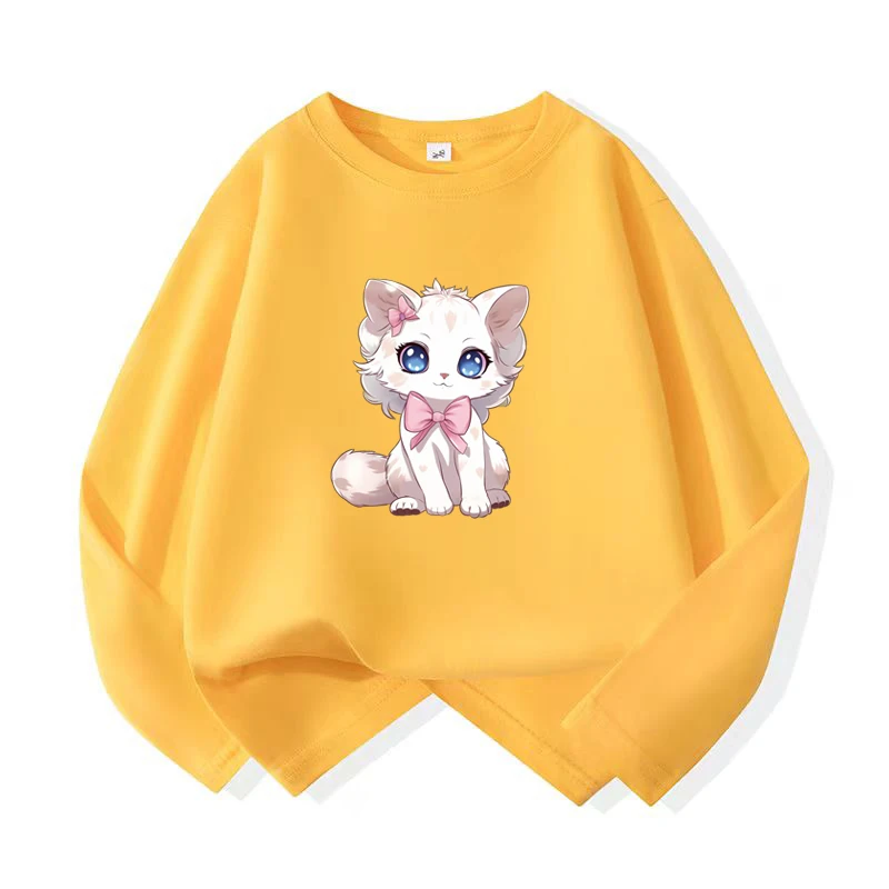 

1~12 Years Girl Long Sleeve T-Shirts Cute Sweet Girl Tee Tops Children Cute Cat Graphic O-Neck Top Little Girl Casual T-Shirts