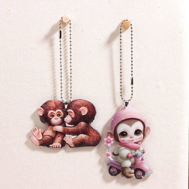 Cartoon Monkey Ornaments 2D Animal Acrylic Car Pendant Decorative Cute Rear View Mirror Ornaments Keychain Christmas Ornaments