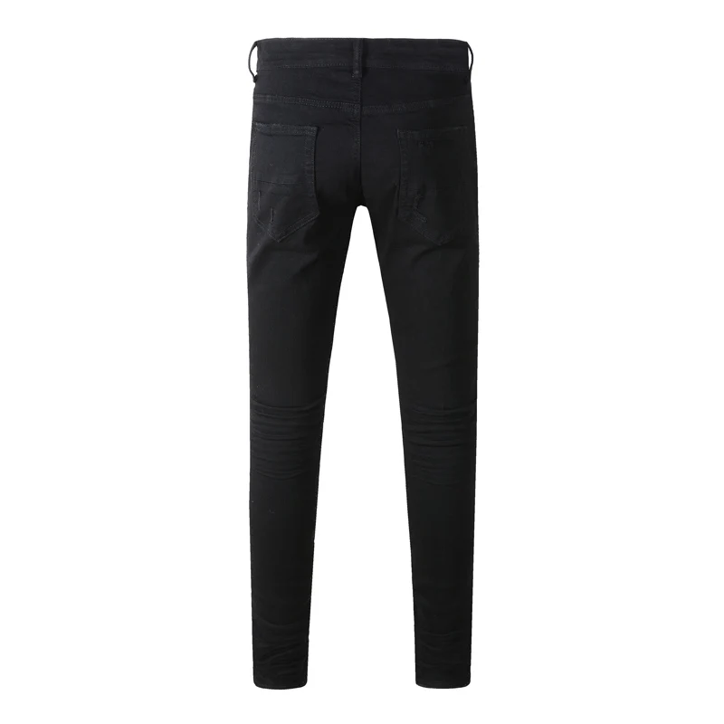 Designer High Street Fashion Black Stretch Slimming Washed Jeans with Leather Patch Hip Hop Brand Splicing Pants for Men