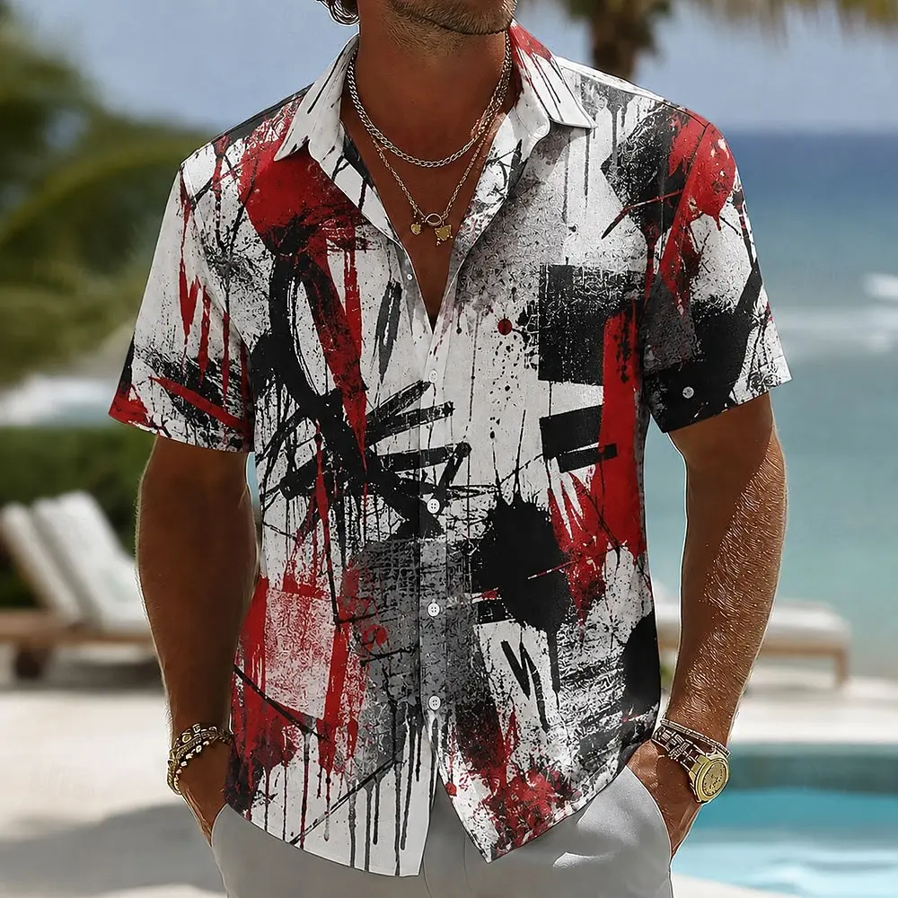 Men's Spring Summer Graffiti Art Print Button Down Shirt, Casual Beach Vacation Printed Collared Blouse
