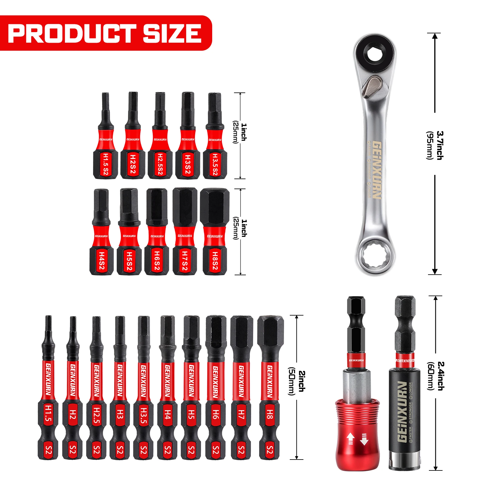 Geinxurn HEX Metric 1.0-8 with Impact Holder, Wrench & Holder, Impact Bits Set,  S2 Steel, for Auto Repair and Home Use