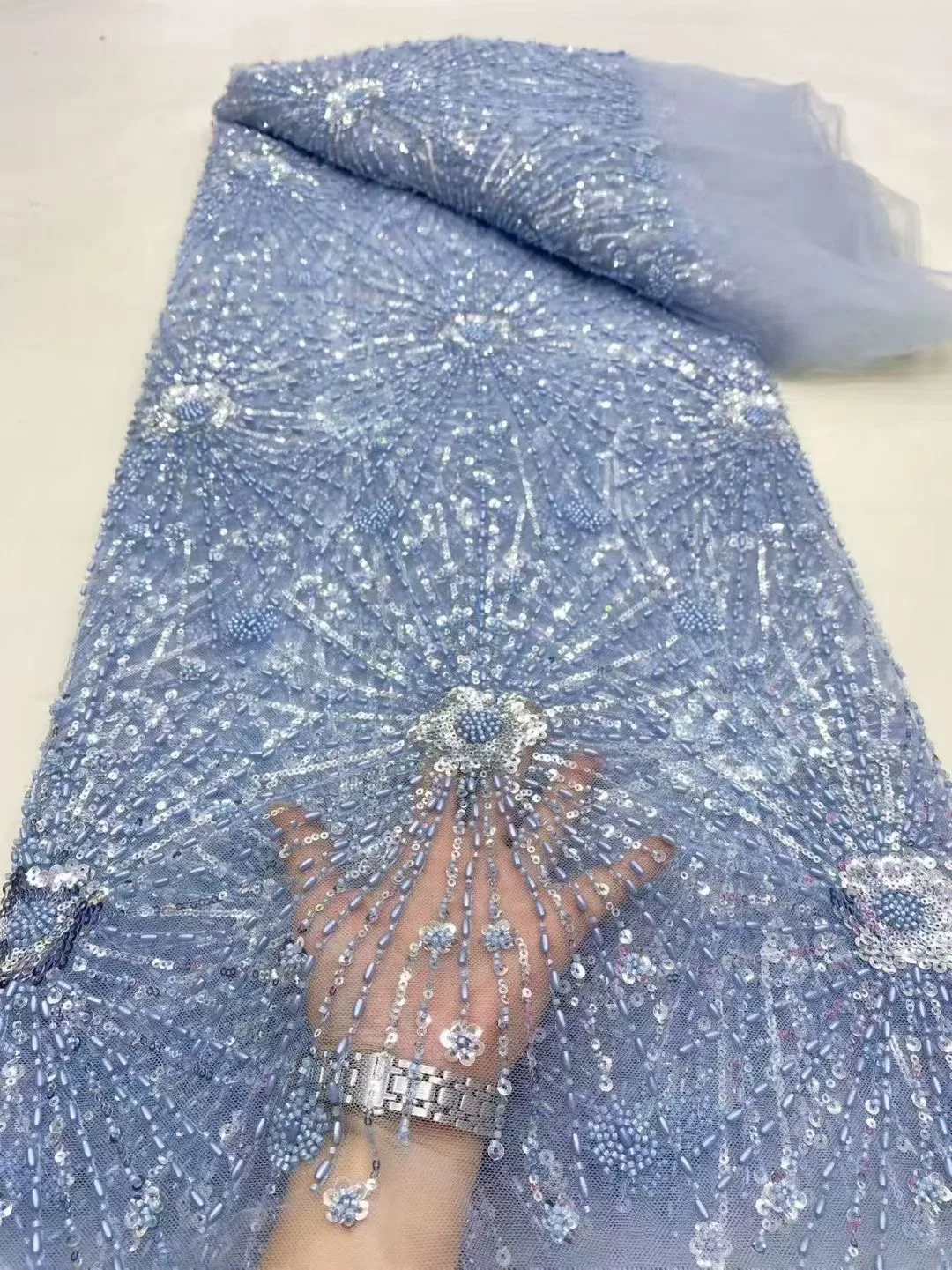 

African & Nigerian Lace Fabric Per Meter,5Yard Pink Mesh Tulle Fabrics With Sequin & Beaded, Suitable For Wedding Dresses Design